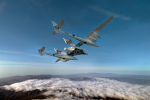 Le précédent SpaceShipTwo attaché au White Knight Two lors d'un vol de test. Source : http://www.virgingalactic.com/