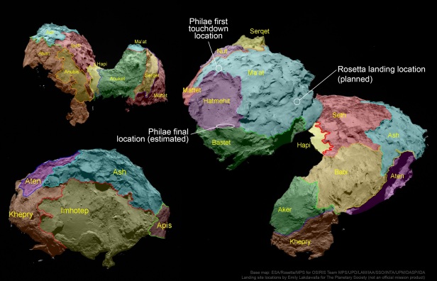Une carte des 19 régions de la comète Tchouri, nommées à partir de divinités de l'ancienne Egypte. Emily Lakdawalla, de la Planetary Society, a complété la carte : on y trouve donc le premier contact avec la surface de Philae, sa localisation actuelle estimée, et le futur lieu d'impact de Rosetta. Crédits : Base map: ESA / Rosetta / MPS for OSIRIS Team MPS / UPD / LAM / IAA / SSO / INTA / UPM / DASP / IDA. Landing site locations: Emily Lakdawalla.